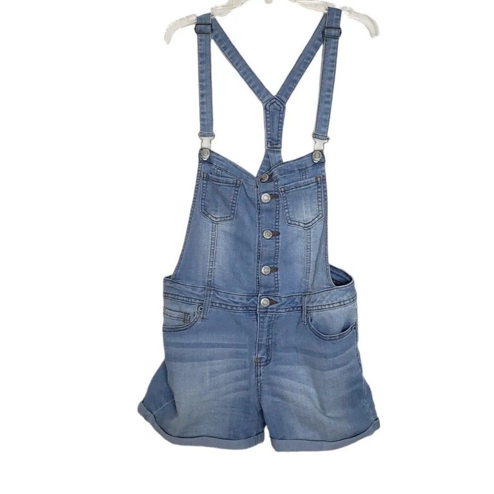 Wax Jean Women Junior Blue Denim Stretch Overalls Romper Shorts Size L
